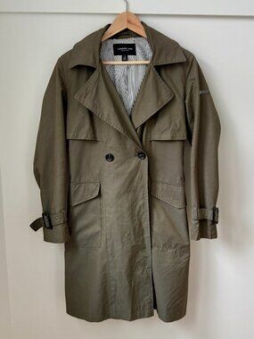London Fog Olive Green Double-Breasted Trench Coat with Hood - Pinstripe Lining